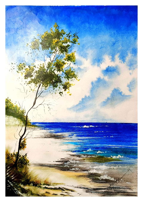 Sunny day on beach landscape painting